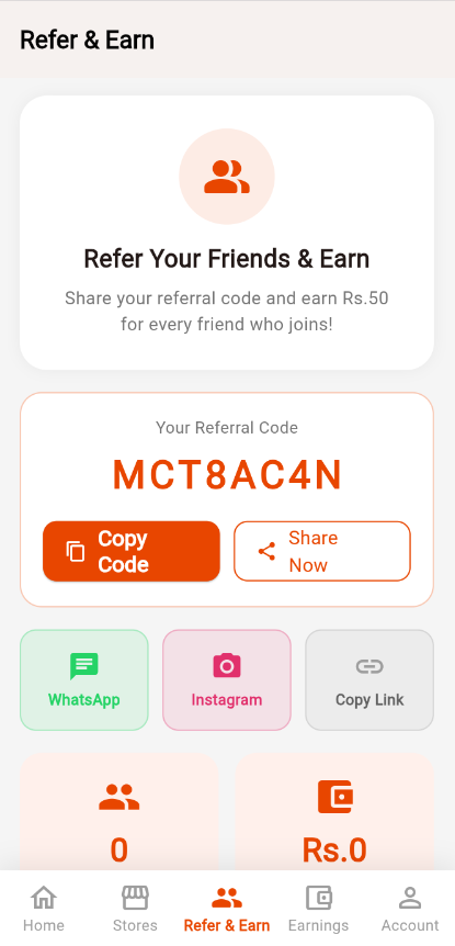 MinyCash Refer and Earn screen showing the referral code and sharing options